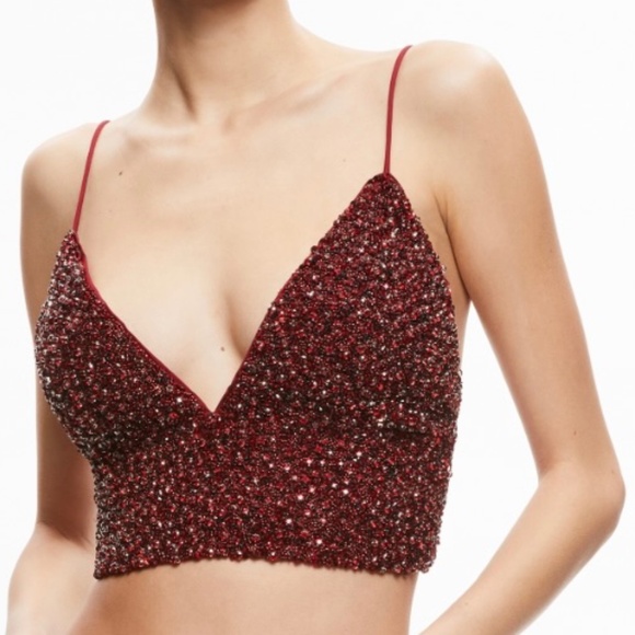 Alice + Olivia Bordeaux Red Crystal Embellished Crop Top With Smocked Ba… - Picture 4 of 16